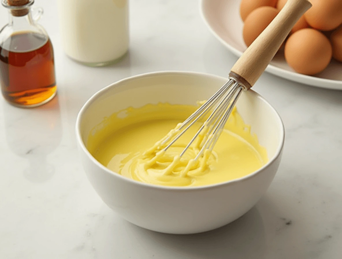 Easy Flan Recipe: How to Make This Silky Smooth Treat at Home 4 Whisking eggs, vanilla extract, and milk to create a smooth custard mixture for flan.
