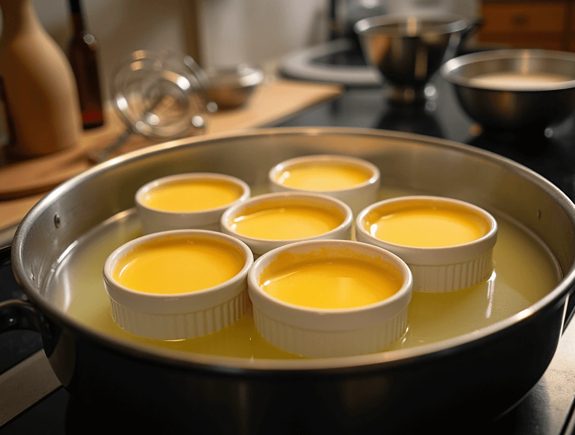 Easy Flan Recipe: How to Make This Silky Smooth Treat at Home 5 Flan mixture poured into ramekins and placed in a water bath for baking.