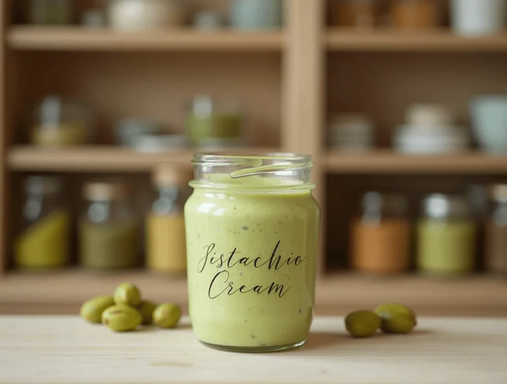 Why Pistachio Cream Is the Perfect Spread for Every Occasion 5 Storing homemade pistachio cream in a jar for freshness and long-lasting flavor.