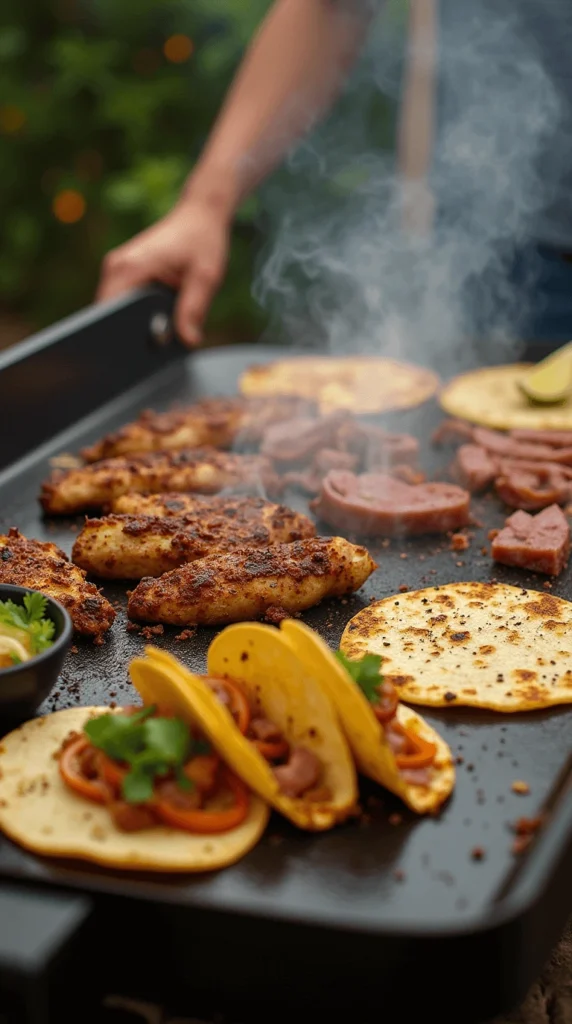 Top 10 Must-Try Blackstone Recipes for Your Next Cookout 6 Delicious street tacos filled with seasoned meat, fresh cilantro, onions, and a squeeze of lime, ready to be enjoyed.