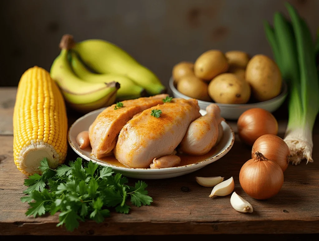 Why Caldo de Pollo Colombiano Is the Ultimate Comfort Food 2 Fresh ingredients for Caldo de Pollo Colombiano including chicken, yucca, plantains, potatoes, cilantro, and garlic.