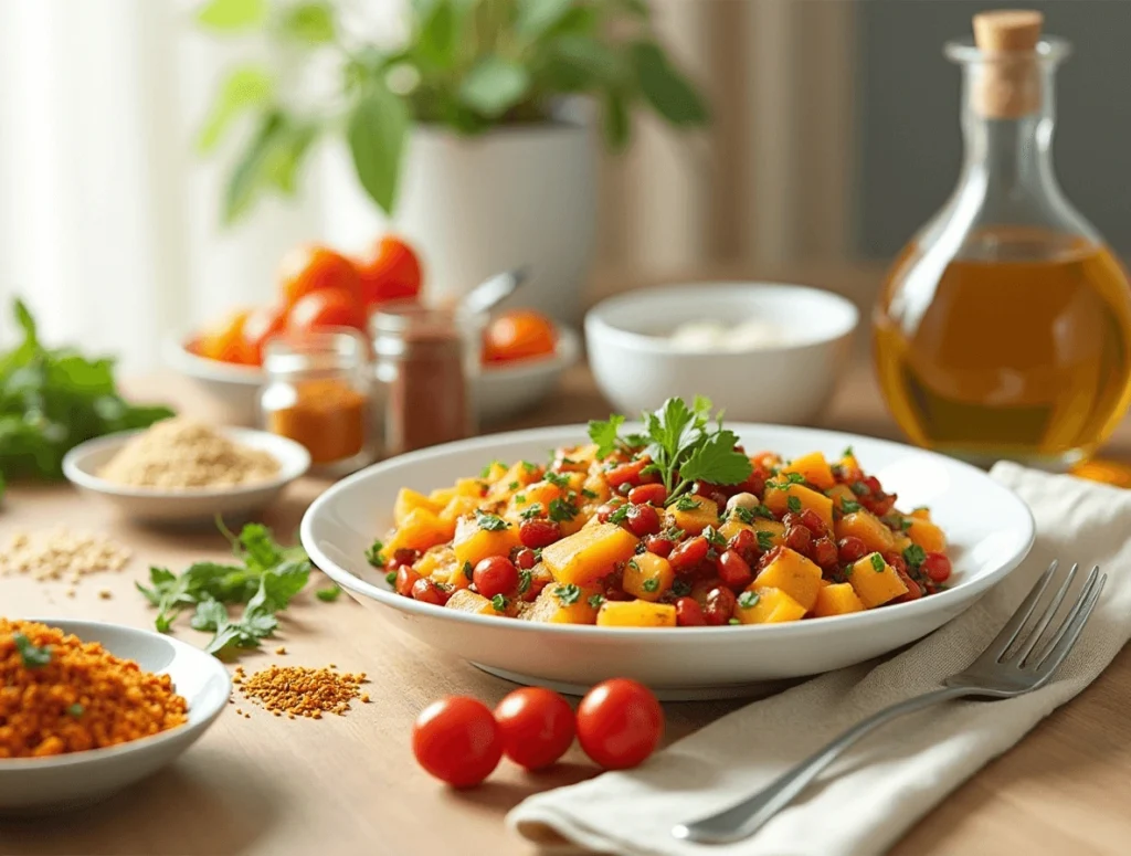 Healthy and Tasty Squash and Kidney Beans Recipe You’ll Love 4 Tips for making a squash and kidney beans recipe healthier, with fresh vegetables, whole grains, and spices displayed on a kitchen counter.