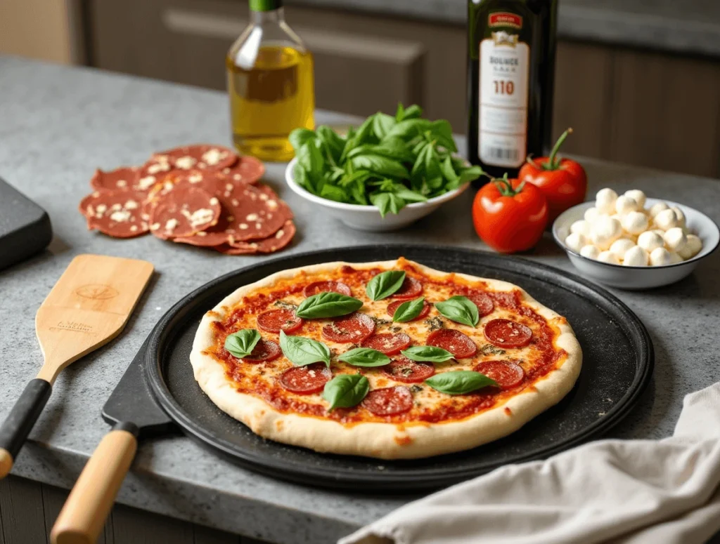 How to Make the Best Blackstone Pizza: A Simple Guide 2 Essential tools and ingredients for making Best Blackstone pizza, including dough, toppings, and a pizza peel.