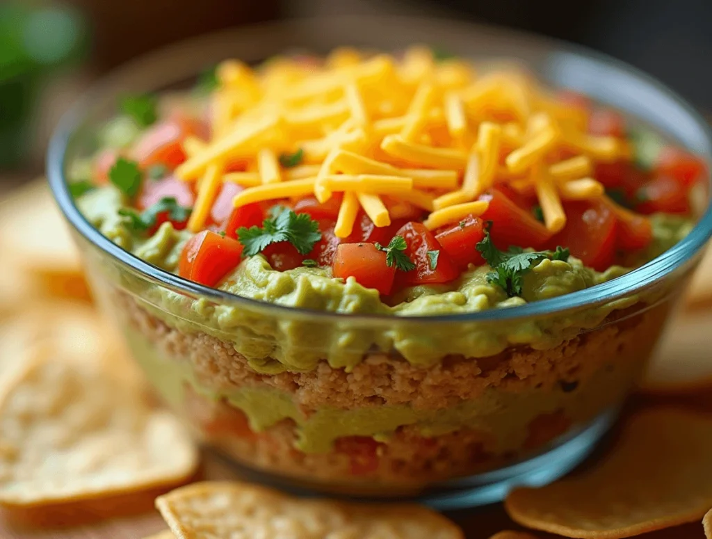 Quick and Easy Layered Taco Dip Recipe for Busy Days 5 Topping layered taco dip with guacamole, salsa, and shredded cheese.