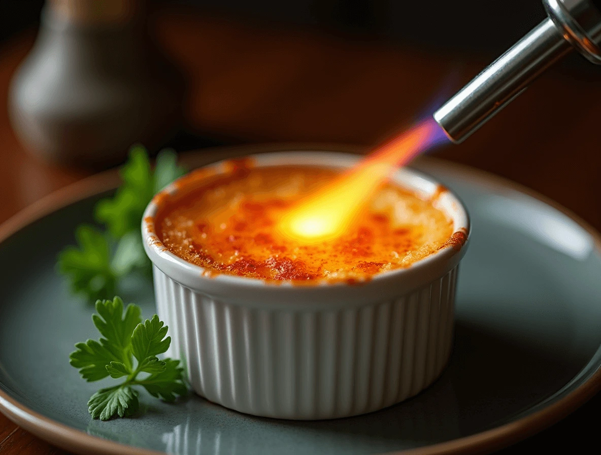 Crab Brule: 5 Easy Steps to Make This Gourmet Delight 5 Using a kitchen torch to achieve a golden caramelized crust on Crab Brule.