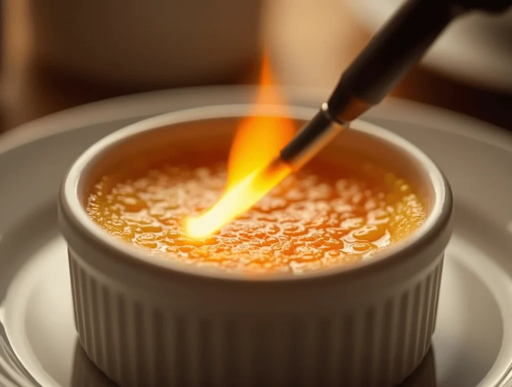 Easy Crème Brûlée Recipe with Just 5 Ingredients 5 Caramelizing the sugar on crème brûlée using a kitchen torch, creating a golden, crispy topping.