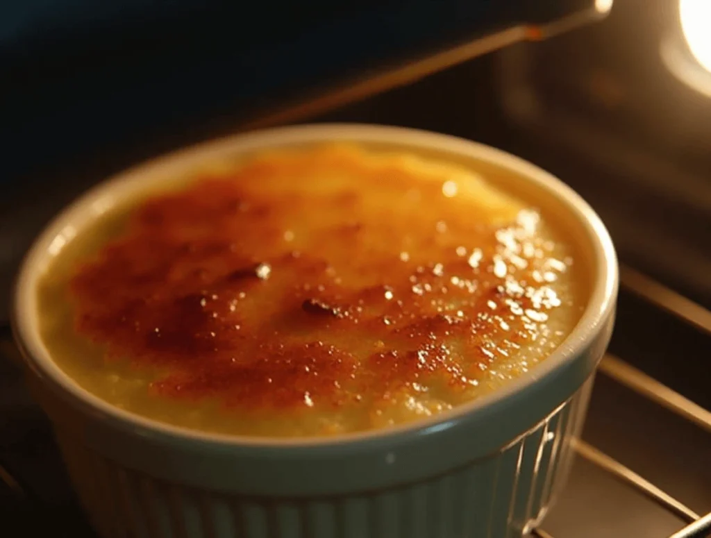 Easy Crème Brûlée Recipe with Just 5 Ingredients 6 Caramelizing the sugar on crème brûlée under an oven broiler, creating a golden, crispy topping.