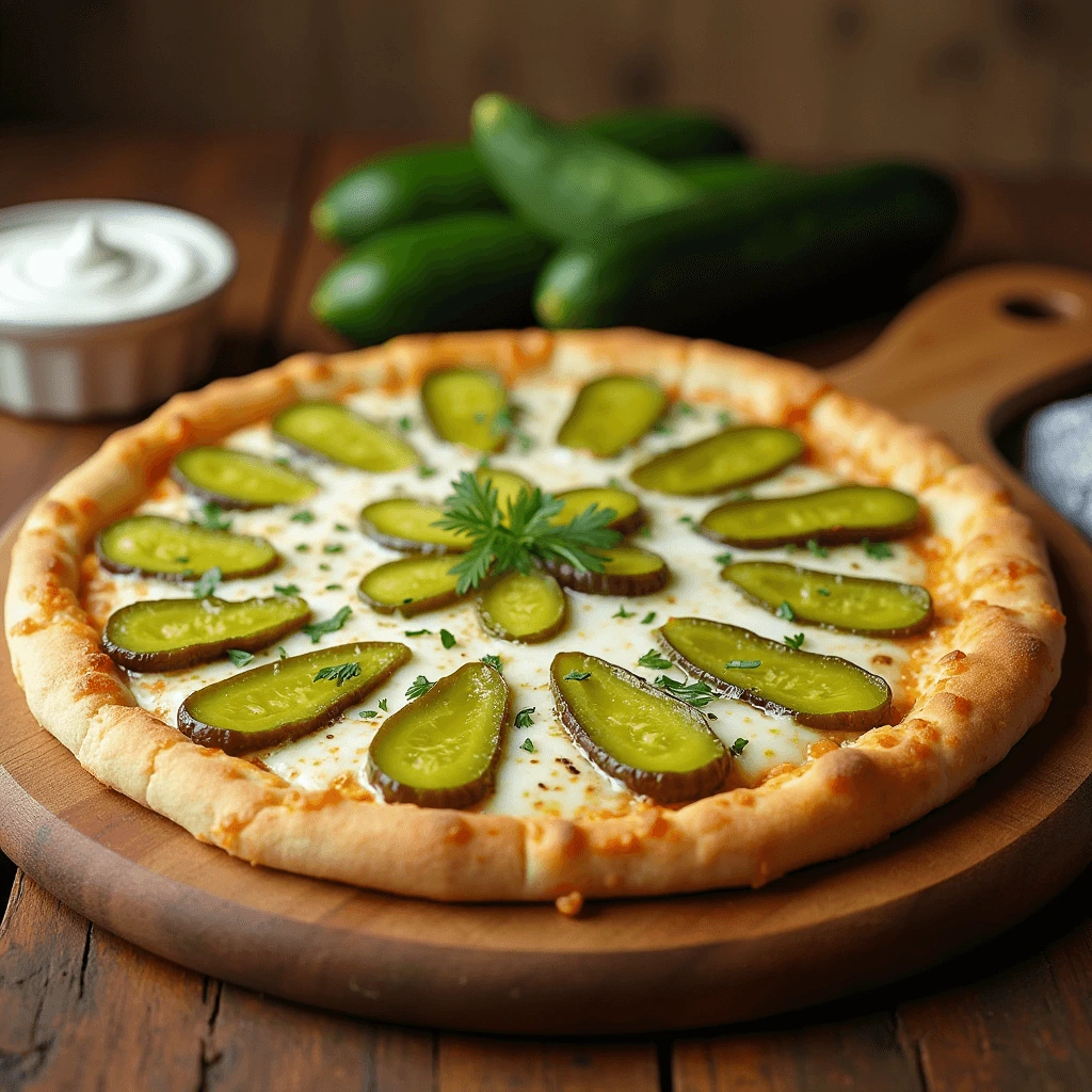 Pickle Pie Pizza with golden crust, melted cheese, and tangy pickle slices.