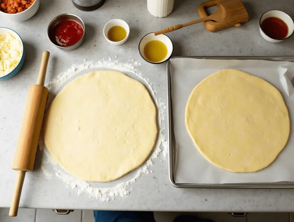 The Best Pickle Pie Pizza Recipe You Need to Try Today 3 Preparing pizza crust for Pickle Pie Pizza, showing a homemade or store-bought crust ready for toppings.