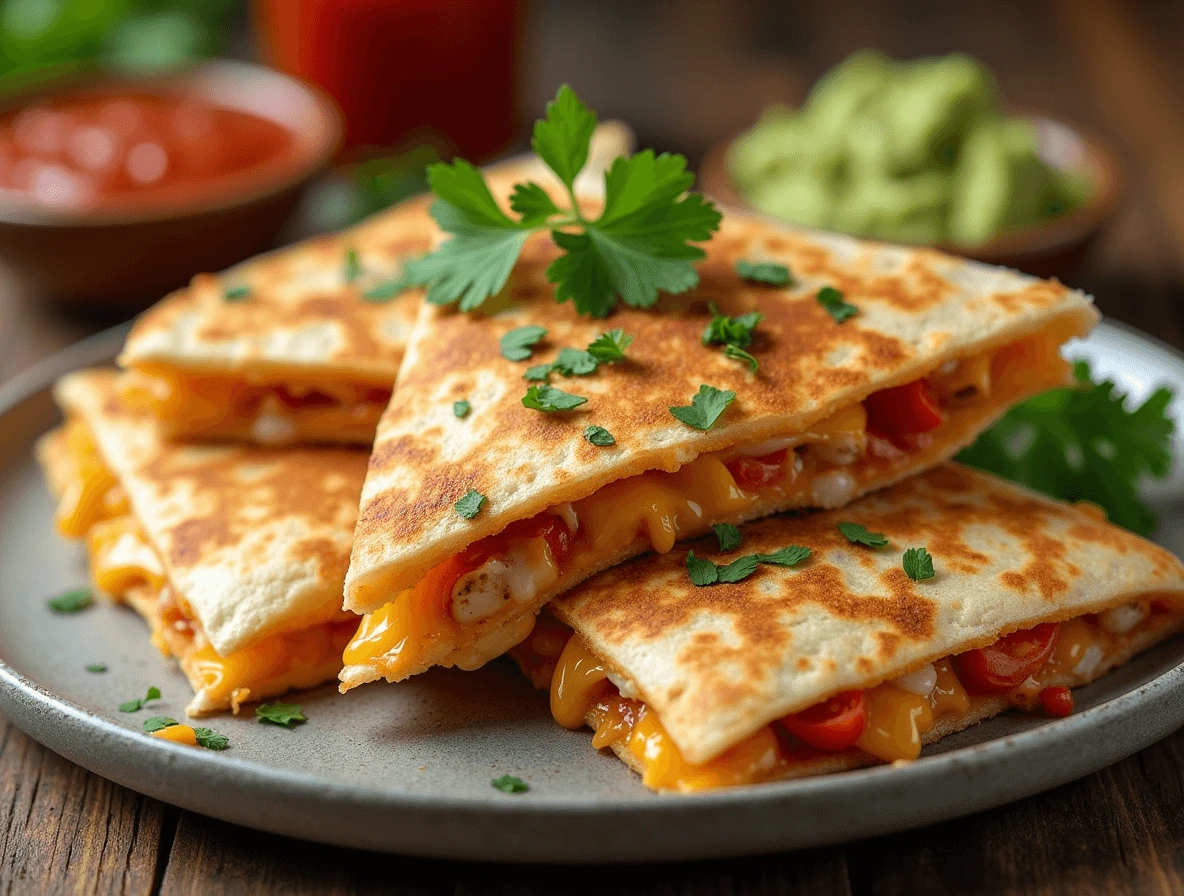 Delicious homemade chicken quesadilla with melted cheese, crispy tortilla, and savory chicken filling.