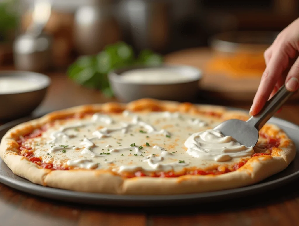The Best Pickle Pie Pizza Recipe You Need to Try Today 4 Spreading ranch sauce evenly over the pizza crust for Pickle Pie Pizza.