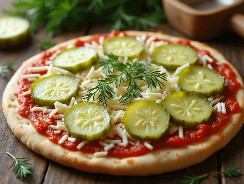 The Best Pickle Pie Pizza Recipe You Need to Try Today 5 Adding mozzarella cheese, pickle slices, and dill to the pizza for Pickle Pie Pizza.