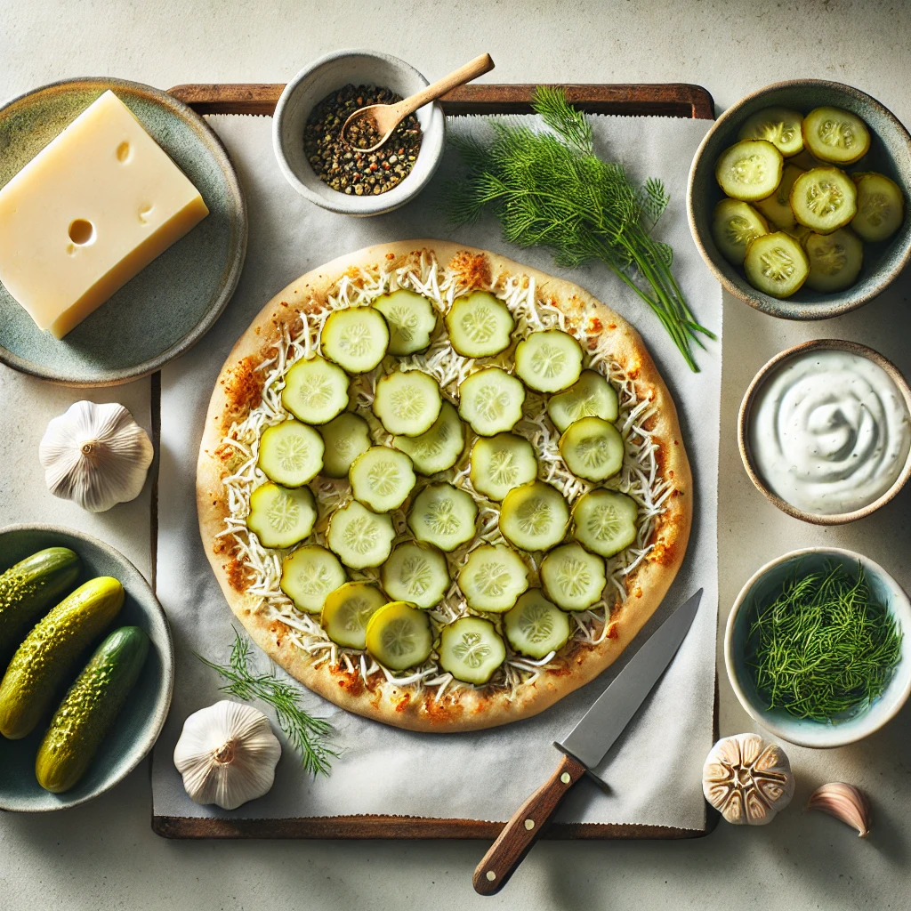 The Best Pickle Pie Pizza Recipe You Need to Try Today 2 Ingredients for making Pickle Pie Pizza, including pickles, mozzarella cheese, pizza crust, ranch sauce, and fresh dill.