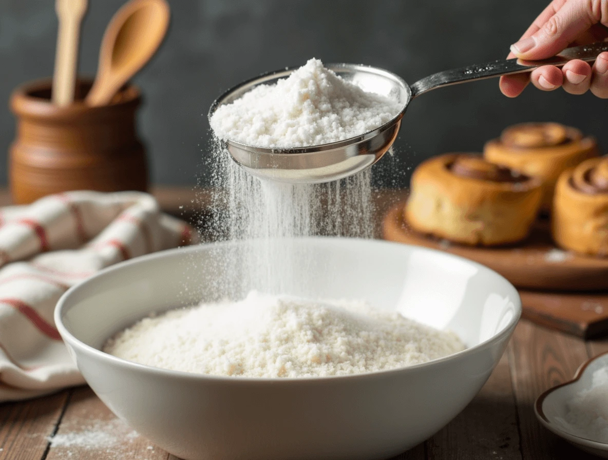 How to Make the Best Cinnamon Roll Icing from Scratch 3 A sifter releasing fine powdered sugar into a mixing bowl, creating a soft, airy texture for smooth cinnamon roll icing.