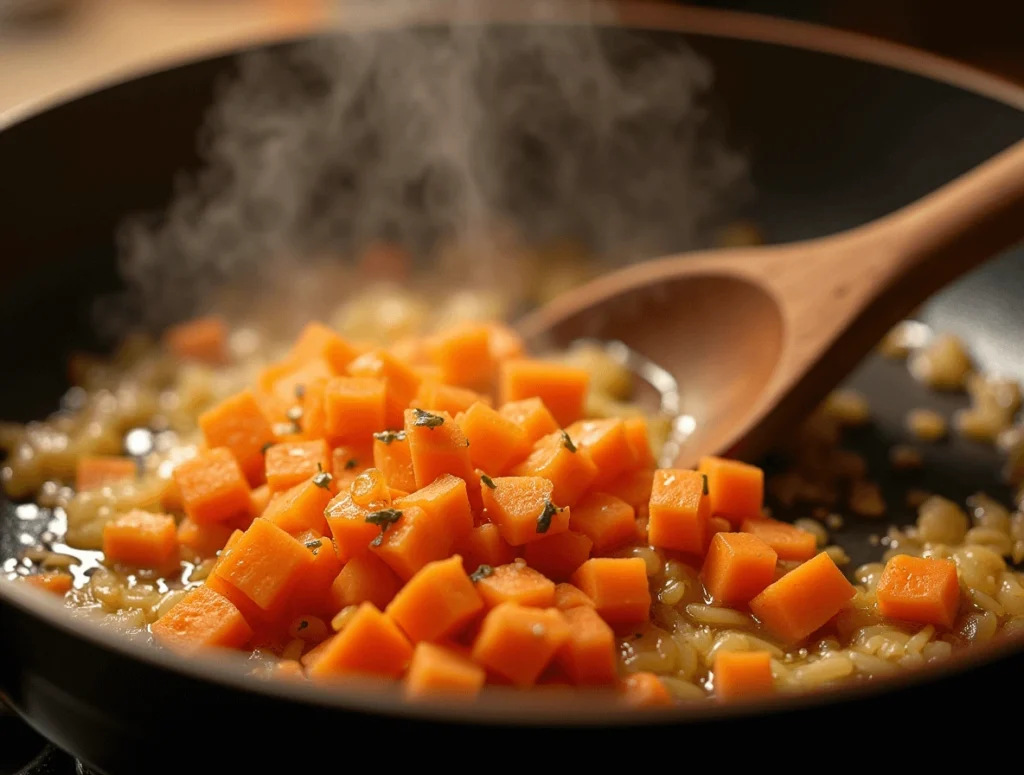 Easy One-Pot Red Lentil Soup – A 30-Minute Comfort Meal 2 Onions, garlic, and carrots sautéing in olive oil in a rustic skillet, releasing aromatic flavors.