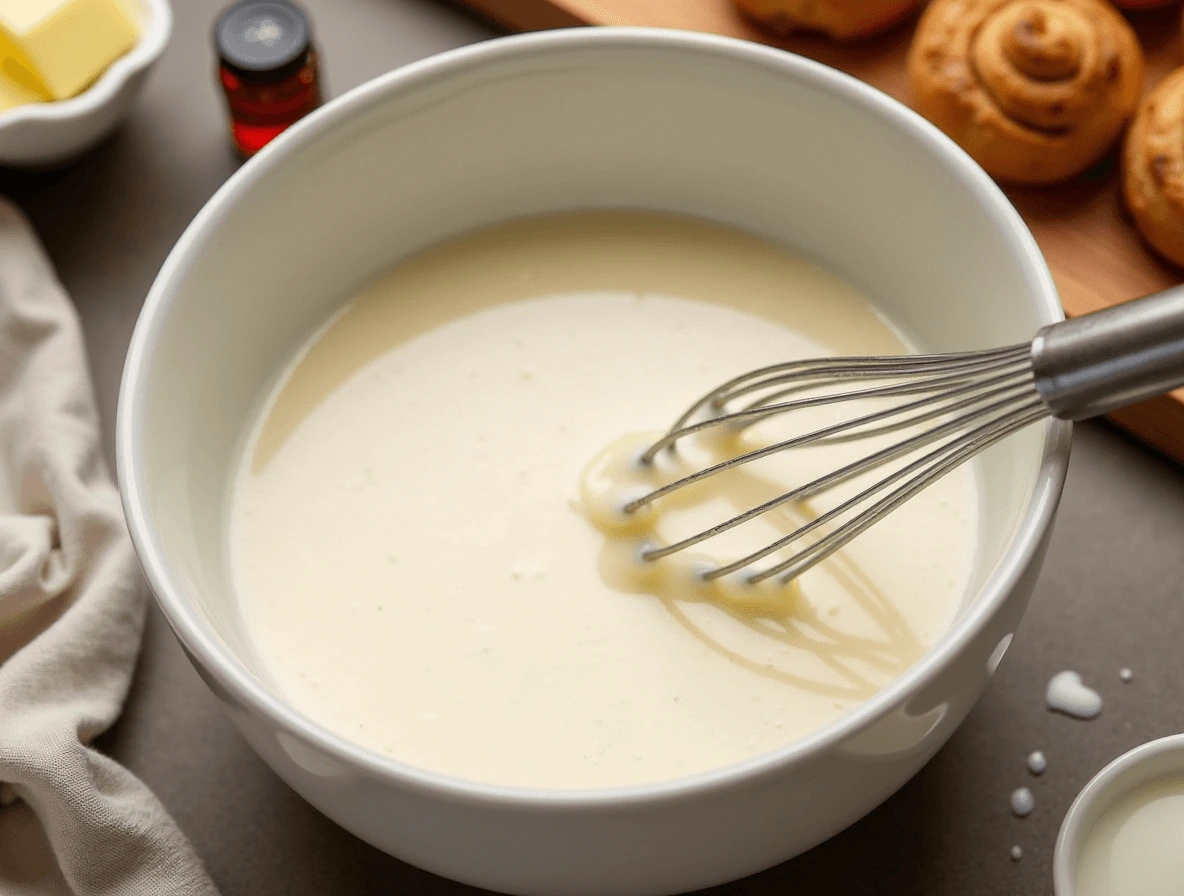 How to Make the Best Cinnamon Roll Icing from Scratch 4 A whisk stirring milk, melted butter, and vanilla extract into powdered sugar, creating a smooth and creamy cinnamon roll icing.