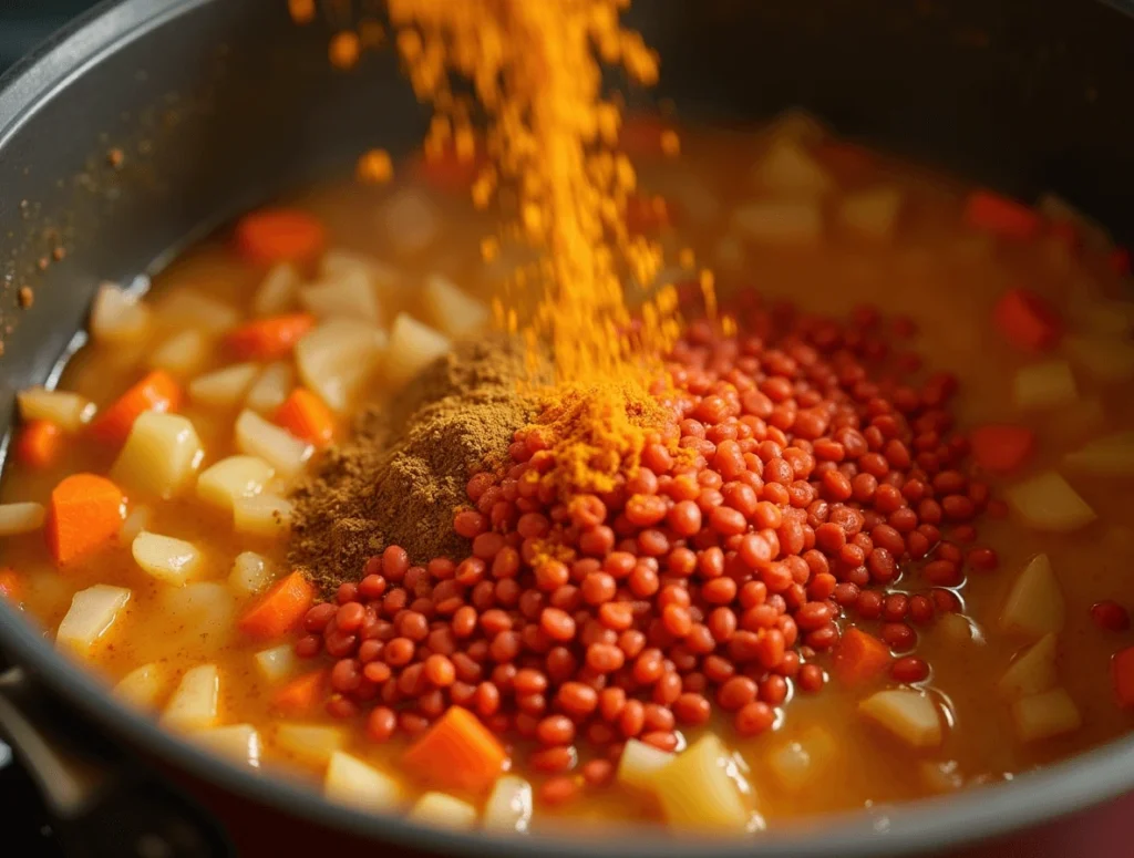 Easy One-Pot Red Lentil Soup – A 30-Minute Comfort Meal 3 Adding cumin, turmeric, coriander, and red lentils to a pot of sautéed onions, garlic, and carrots for added flavor.