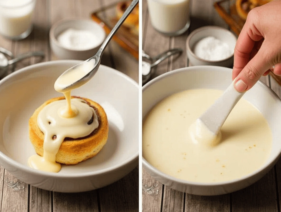 How to Make the Best Cinnamon Roll Icing from Scratch 5 Two bowls of cinnamon roll icing: one with a thin, glossy glaze being drizzled, and the other with a thick, creamy frosting being spread.