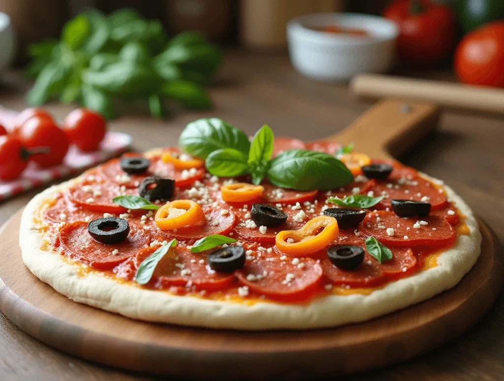 Pizza Pie Recipe: How to Make the Perfect Slice 4 Pizza with evenly distributed toppings including mozzarella cheese, pepperoni, mushrooms, and bell peppers on a dough base.