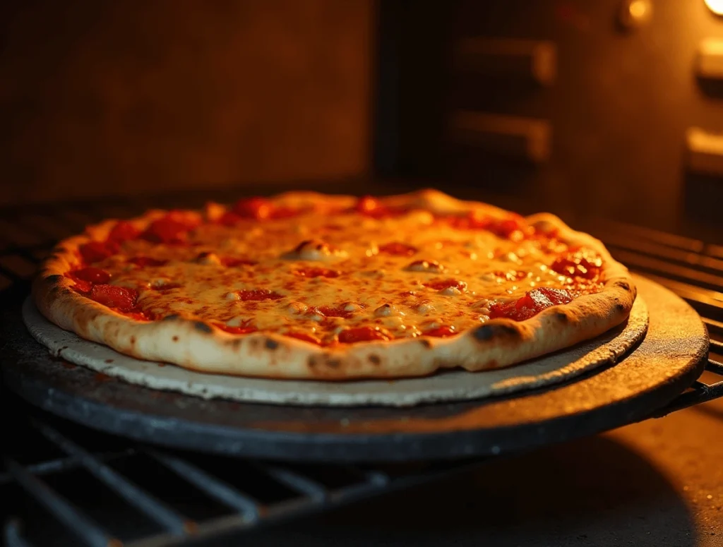 Pizza Pie Recipe: How to Make the Perfect Slice 5 Pizza on a pizza stone inside a preheated oven, with a crispy crust and melted cheese bubbling on top.