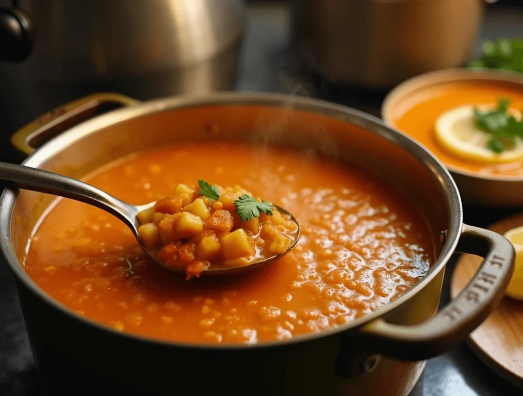 Easy One-Pot Red Lentil Soup – A 30-Minute Comfort Meal 5 Blending part of the red lentil soup to create a creamy texture, while keeping some lentils and vegetables chunky.