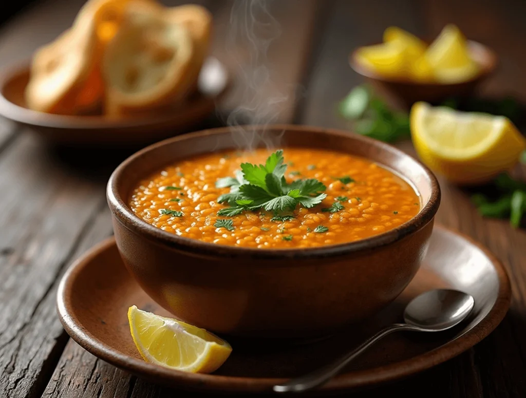 Easy One-Pot Red Lentil Soup – A 30-Minute Comfort Meal 6 Serving a bowl of red lentil soup topped with fresh cilantro, a drizzle of lemon juice, and a wedge of lemon on the side.