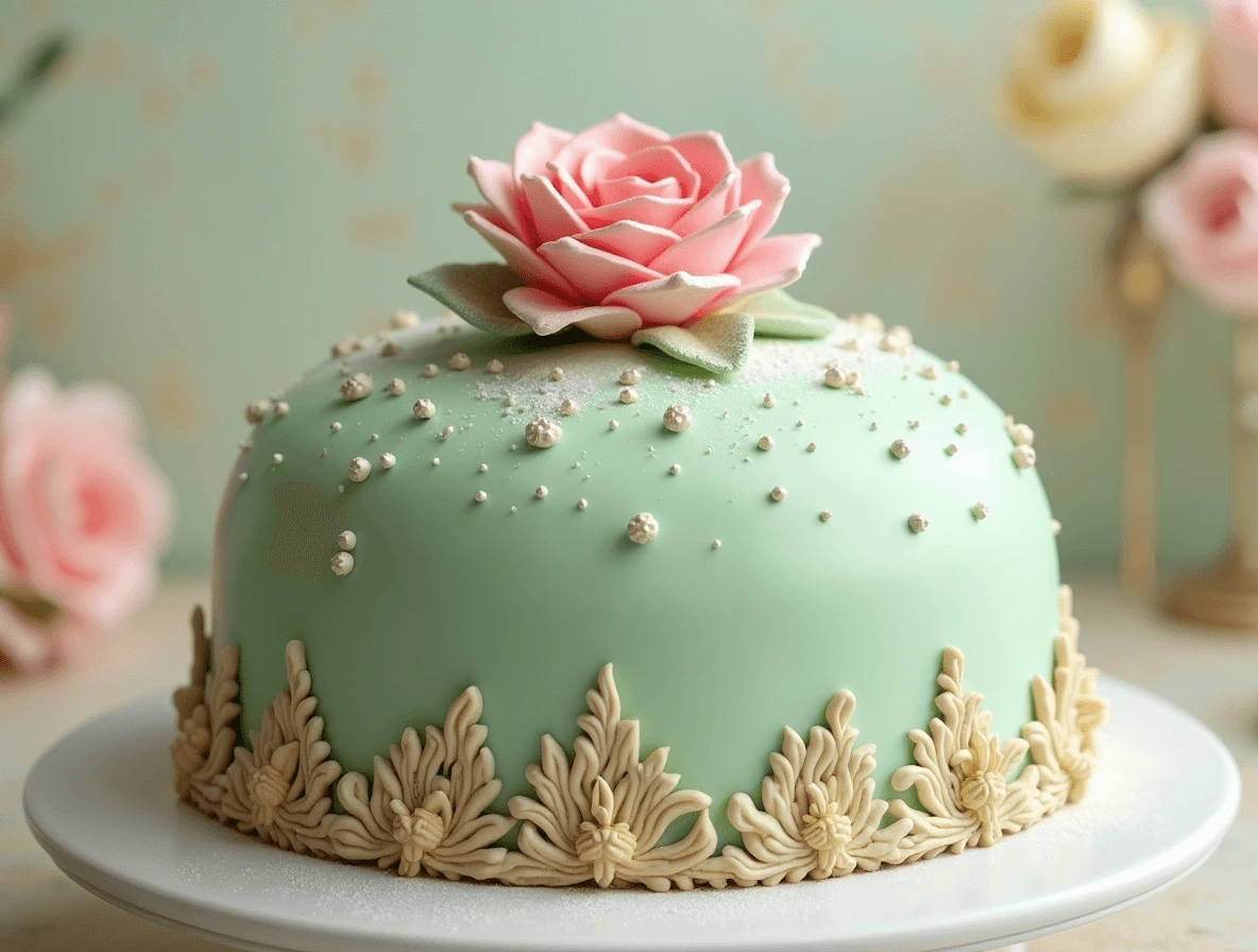 Title: Princess Cake: Why This 200-Year-Old Cake Is Still Popular 4 Close-up of Princess Cake with a green marzipan covering and a delicate pink marzipan rose on top.