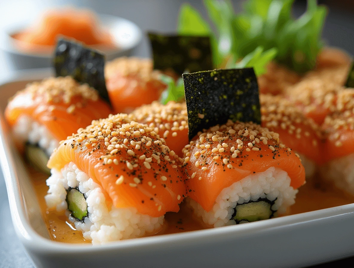 Sushi Bake Salmon: 4 Simple Hacks for a Crispy, Cheesy Top 6 A sushi bake being topped with a generous sprinkle of furikake seasoning and a side of nori sheets for serving.