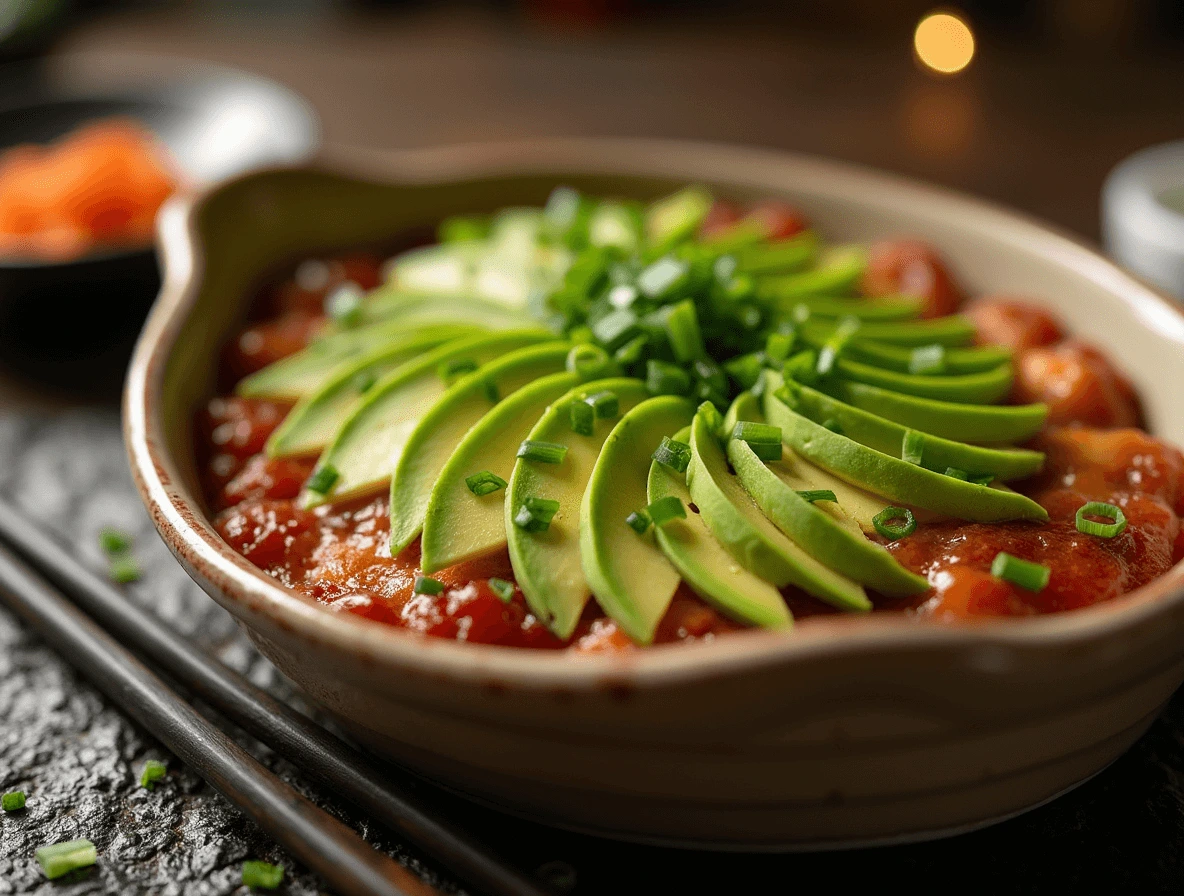 Sushi Bake Tuna: 5 Best Toppings to Elevate Your Recipe 5 Sliced avocado and freshly chopped green onions garnish a sushi bake tuna, adding a creamy texture and a refreshing burst of flavor.