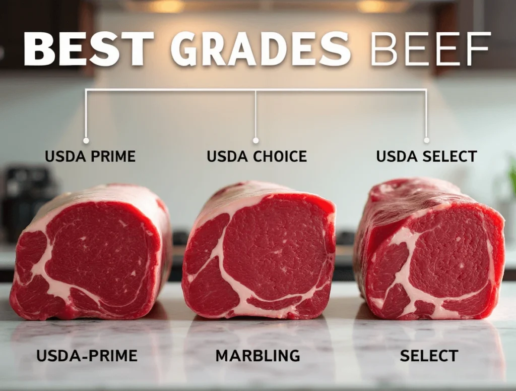 How to Cook Ribeye Roast – Simple & Delicious Recipe 2 Comparison of USDA Prime, Choice, and Select beef cuts showing marbling differences.