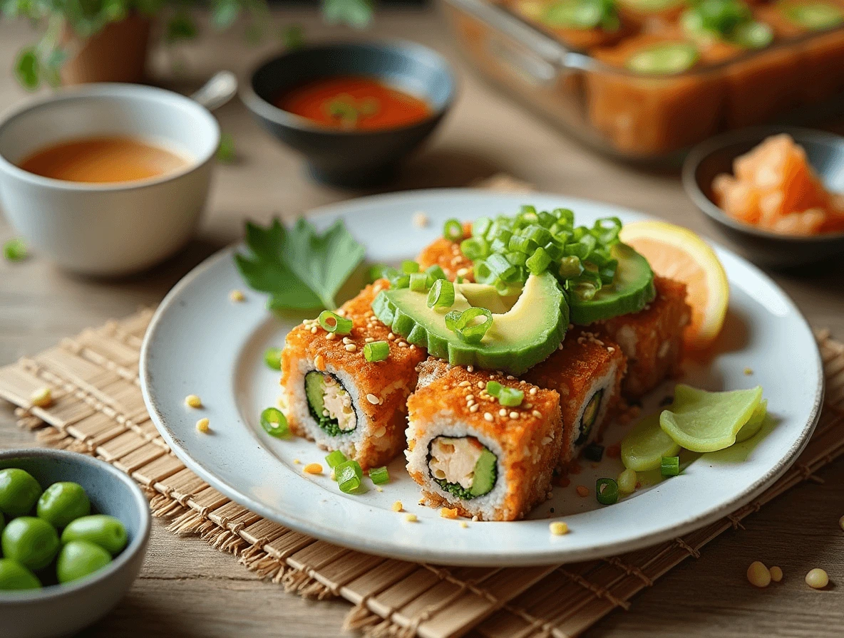 Vegan Sushi Bake: 5 Easy Steps to Make It at Home 3 Vegan sushi bake served with miso soup, edamame, pickled ginger, and chopsticks for the perfect meal pairing.