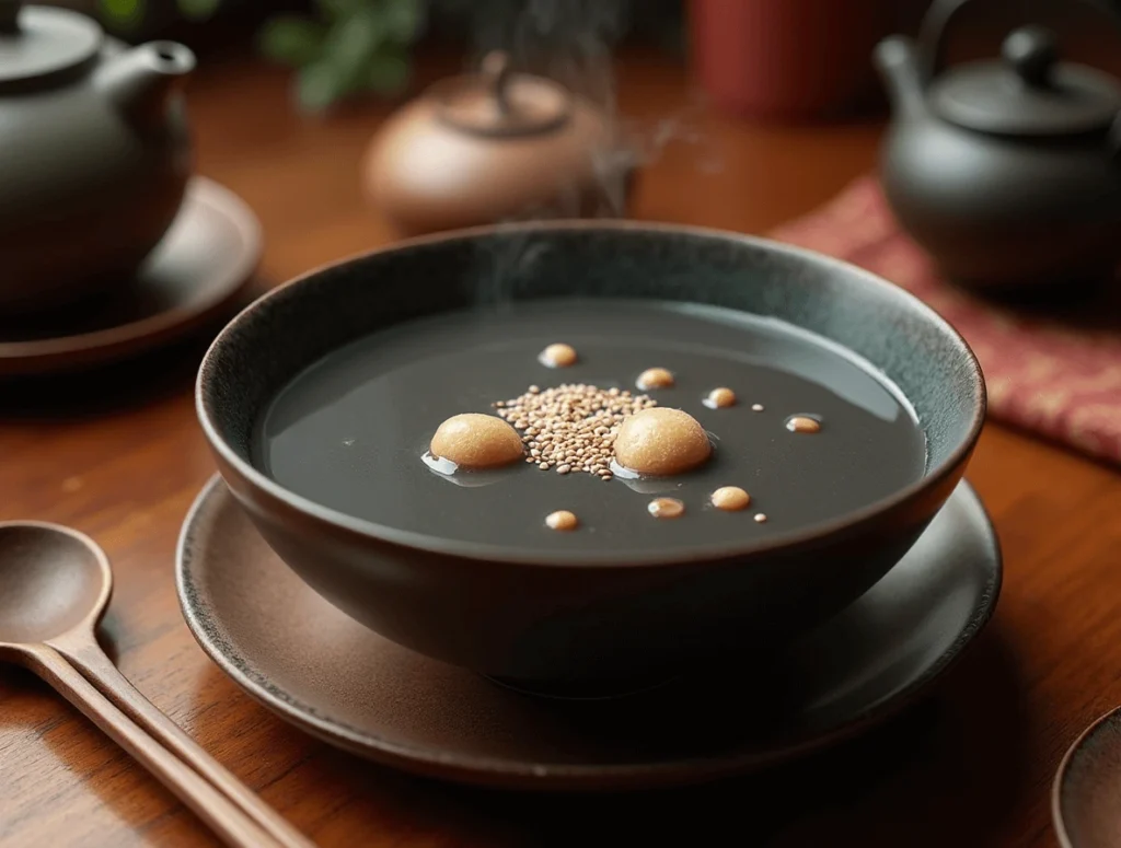Top 5 Asian Desserts That Will Satisfy Your Sweet Tooth 5 A warm bowl of Black Sesame Soup, a traditional Chinese dessert, with a smooth, rich texture and sesame garnishes.