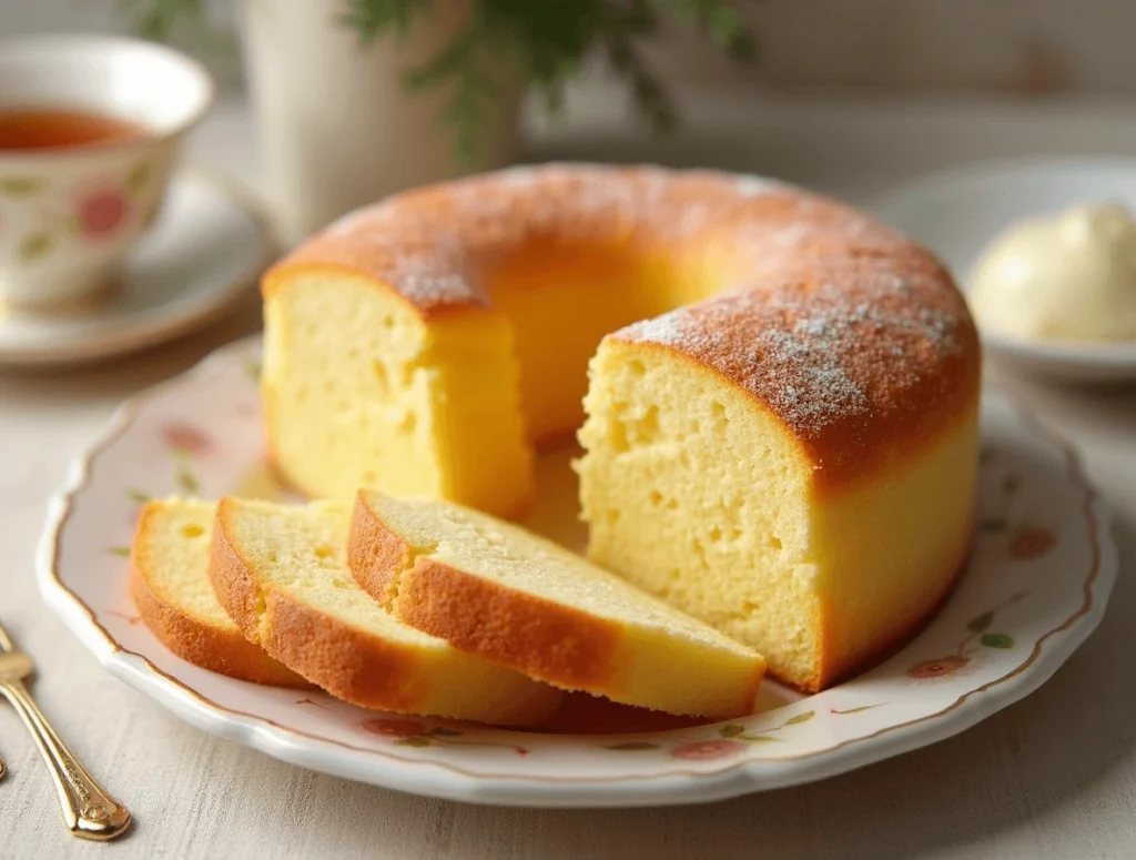 Top 5 Asian Desserts That Will Satisfy Your Sweet Tooth 6 A freshly sliced Castella Cake with a soft, airy texture and a golden-brown exterior, served on a delicate plate.
