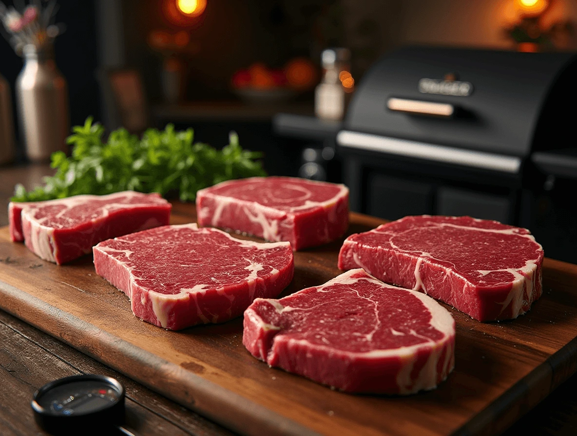 Traeger Recipes Steak: 4 Pro Tips for Tender Meat 2 A selection of high-quality steak cuts, including ribeye, sirloin, filet mignon, and NY strip, displayed on a wooden board for Traeger grilling.