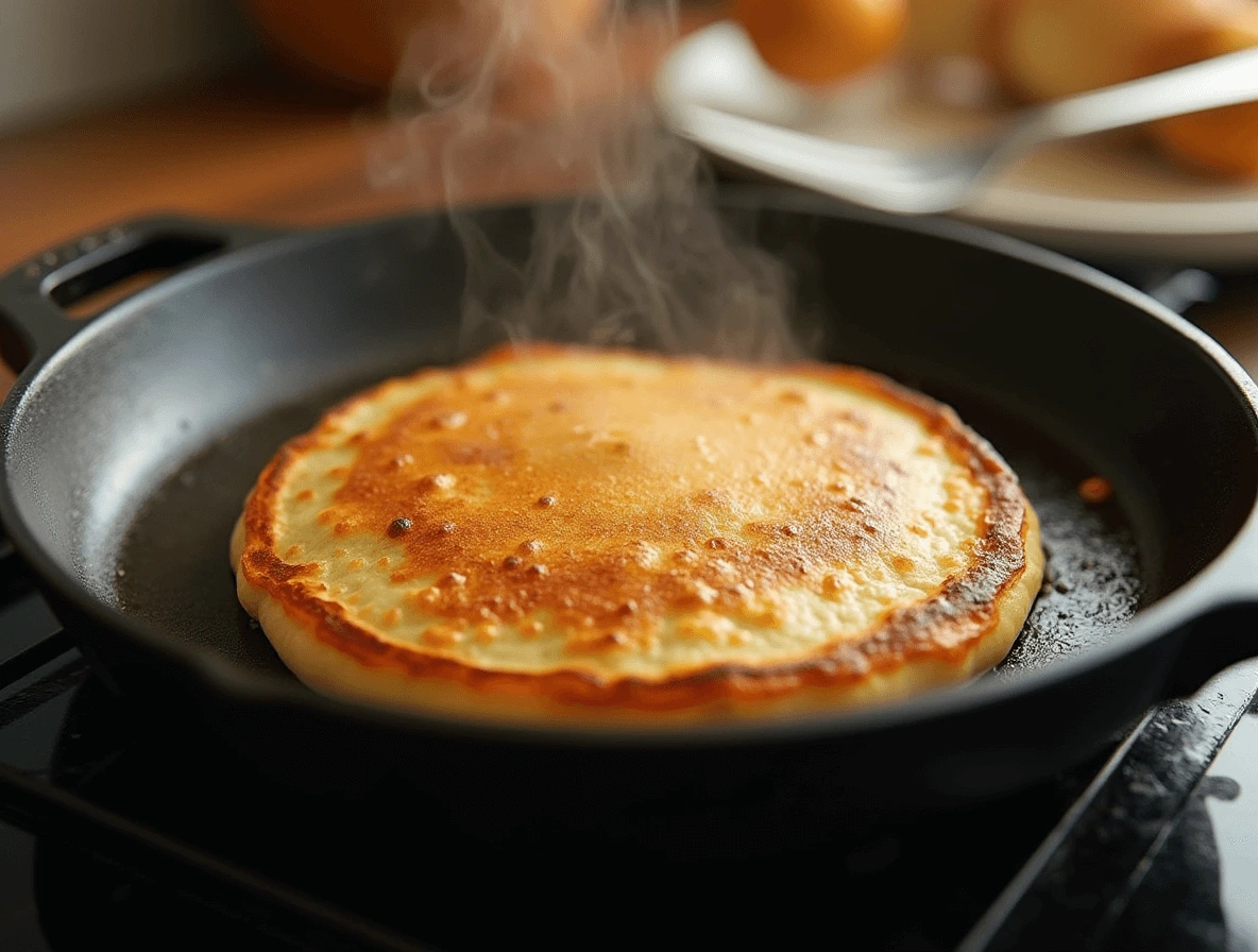 Sourdough Discard Pancakes: 3 Reasons You’ll Love This Recipe 4 A cast-iron skillet on medium heat with golden-brown sourdough discard pancakes cooking, showing perfect browning and fluffy texture.