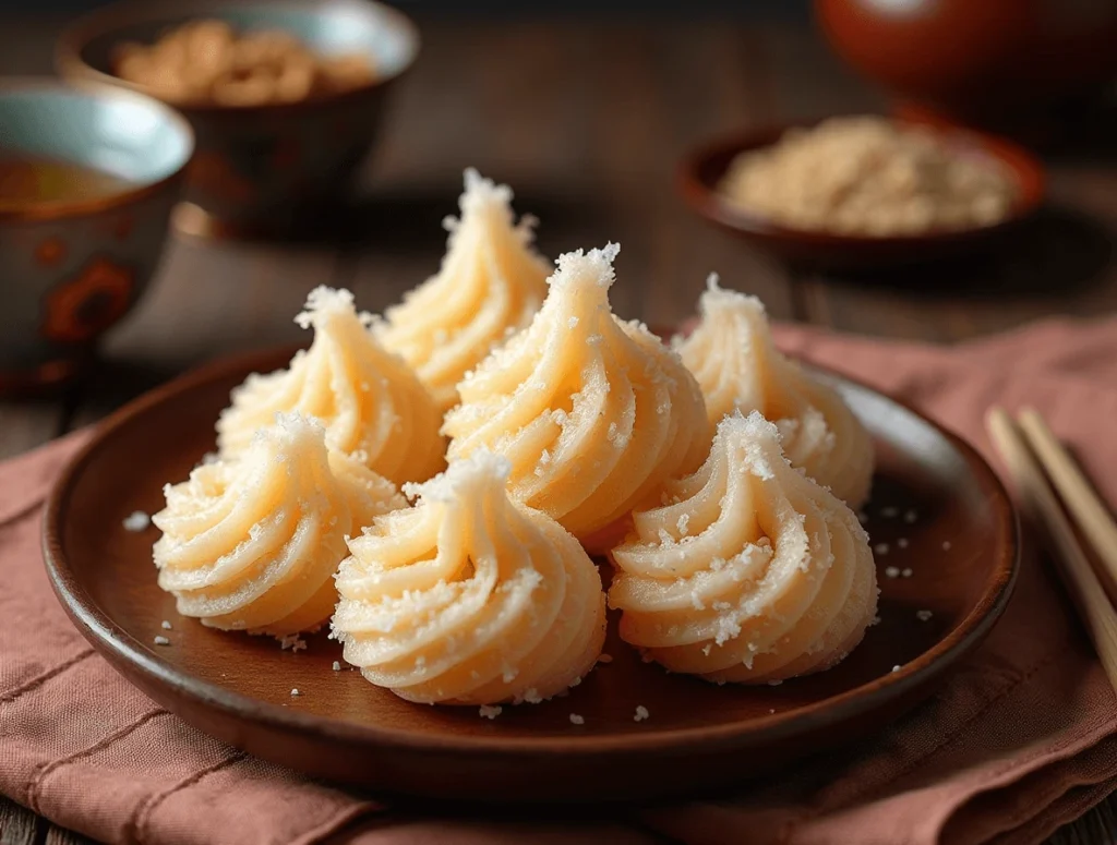 Top 5 Asian Desserts That Will Satisfy Your Sweet Tooth 3 Delicate Dragon’s Beard Candy with fine sugar strands wrapped around crushed peanuts, sesame seeds, and coconut.