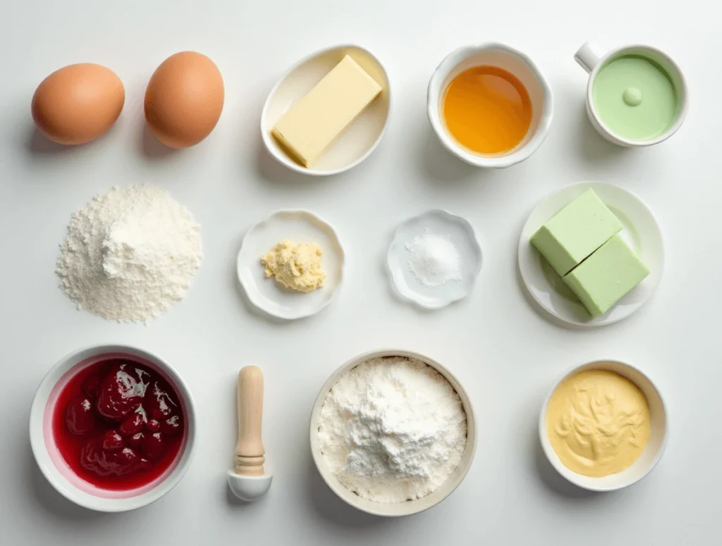 Title: Princess Cake: Why This 200-Year-Old Cake Is Still Popular 5 Display of essential ingredients for Princess Cake: eggs, flour, sugar, marzipan, pastry cream, raspberry jam, and whipped cream.