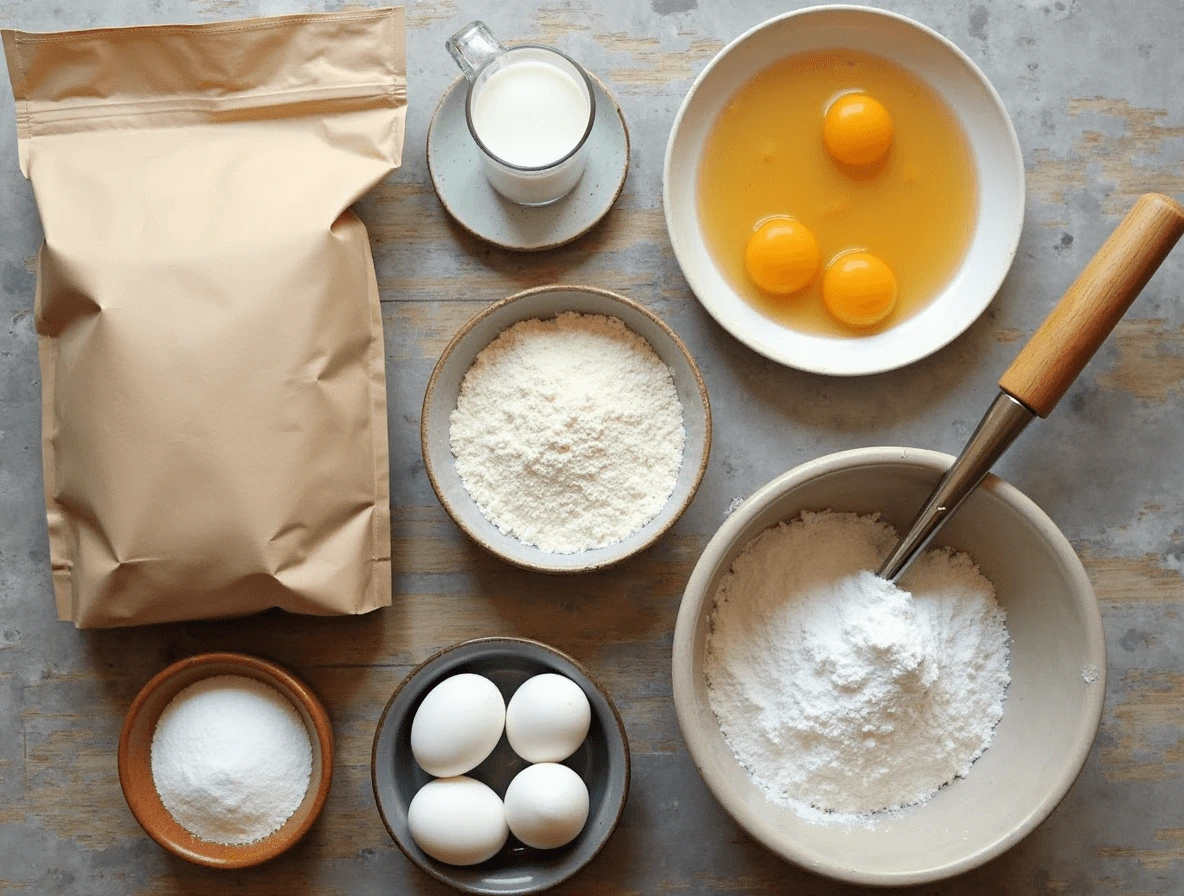 No Beignets Near Me? Here’s How to Make the Best Ones at Home 2 A flat-lay of essential ingredients for authentic beignets, including flour, yeast, sugar, milk, eggs, butter, and powdered sugar, arranged on a wooden surface.