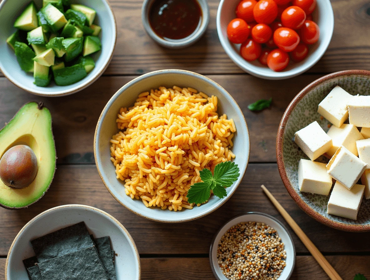 Vegan Sushi Bake: 5 Easy Steps to Make It at Home 2 Essential ingredients for vegan sushi bake: sushi rice, nori sheets, tofu, tamari, avocado, and sesame seeds.