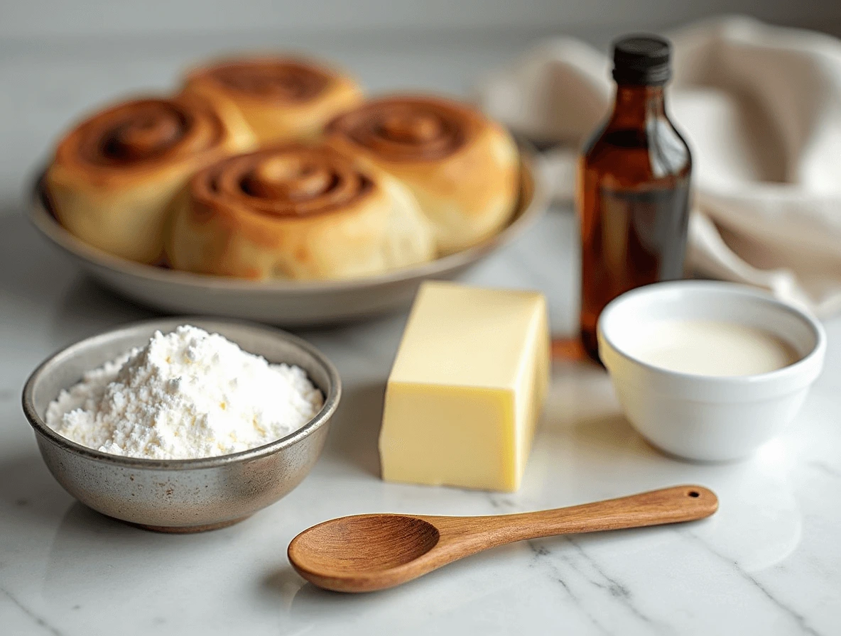 How to Make the Best Cinnamon Roll Icing from Scratch 2 A flat lay of essential ingredients for cinnamon roll icing, including powdered sugar, butter, vanilla extract, and milk, arranged on a rustic kitchen counter.