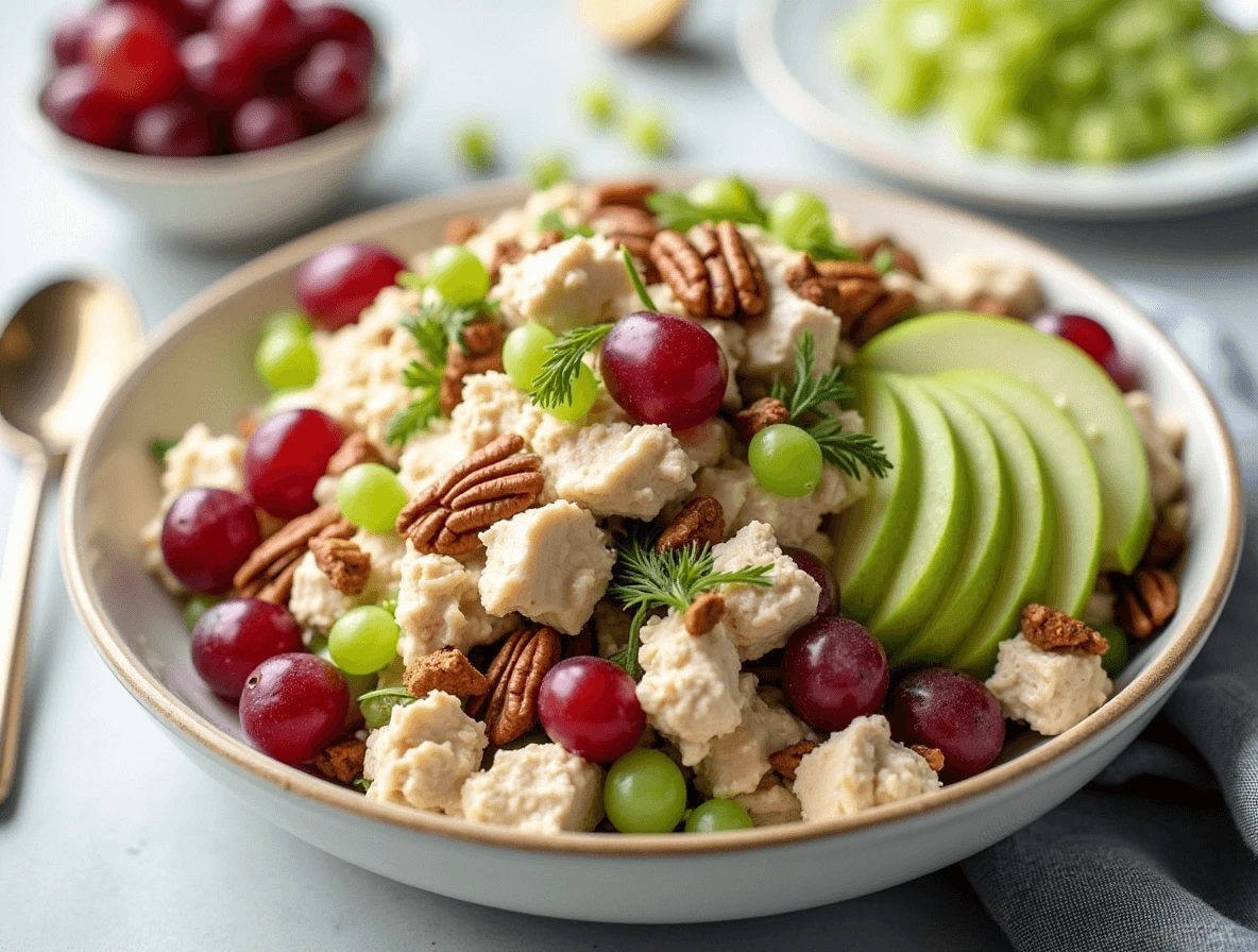 Chicken Salad Chick: How to Recreate 3 Top Flavors at Home 4 Fancy Nancy chicken salad with grapes, apples, and pecans, served in a bowl with leafy greens