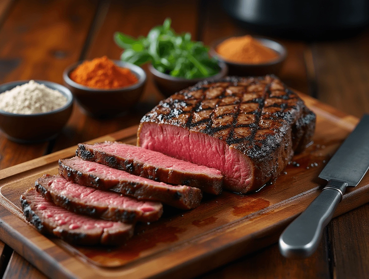 Traeger Recipes Steak: 4 Pro Tips for Tender Meat 4 A perfectly grilled Traeger steak resting on a wooden board, sliced for serving, with seasonings, wood pellets, and a sharp knife nearby.