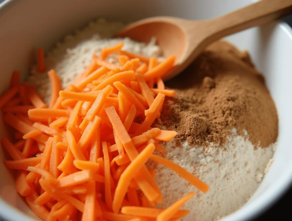 The Best Homemade Carrot Cake: Easy Step-by-Step Guide 2 Grated fresh carrots being mixed into dry ingredients for a homemade carrot cake.