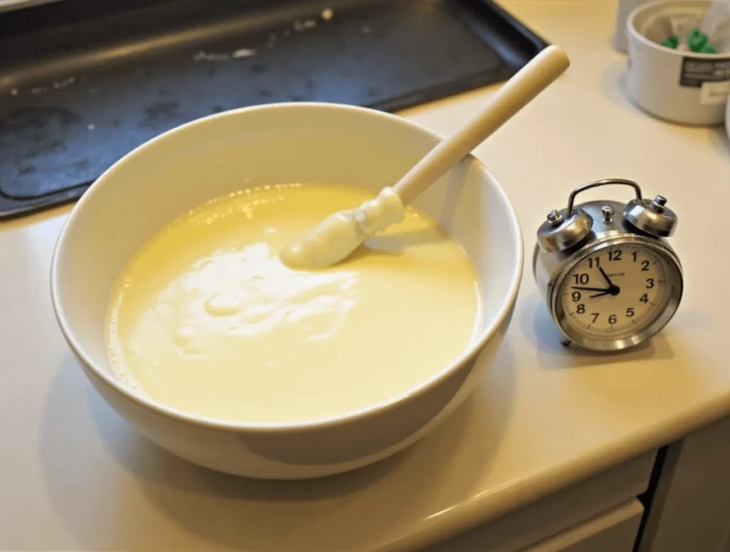 Bisquick Pancake Recipe: Why These 3 Hacks Work Best 3 Bisquick pancake batter resting in a bowl before cooking, with a timer nearby.