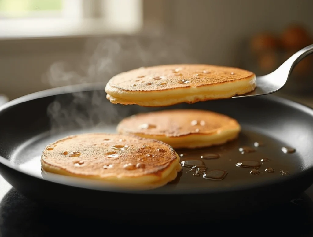 Bisquick Pancake Recipe: Why These 3 Hacks Work Best 4 Bisquick pancakes cooking on a non-stick skillet over low heat, turning golden brown.