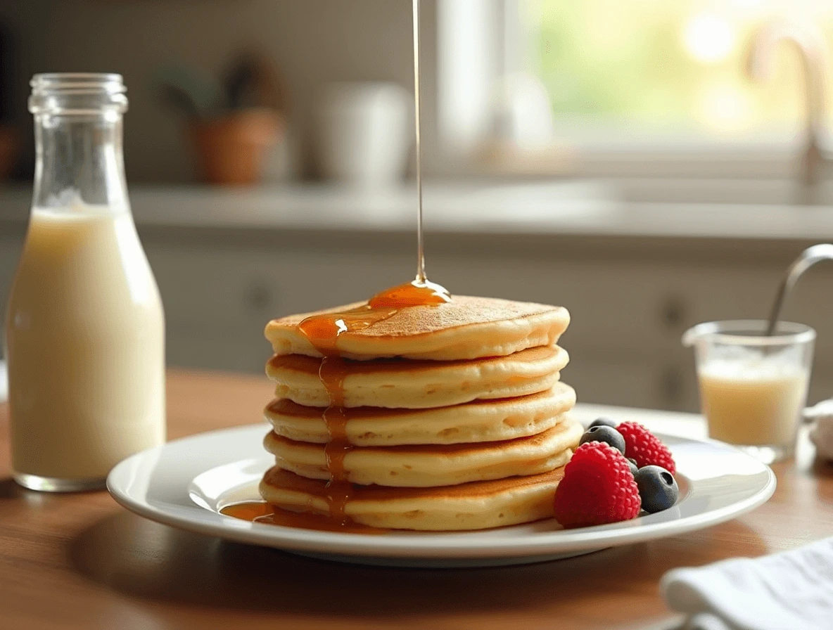 Bisquick Pancake Recipe: Why These 3 Hacks Work Best 2 Fluffy Bisquick Pancakes Recipe made with buttermilk, topped with maple syrup and fresh fruit.