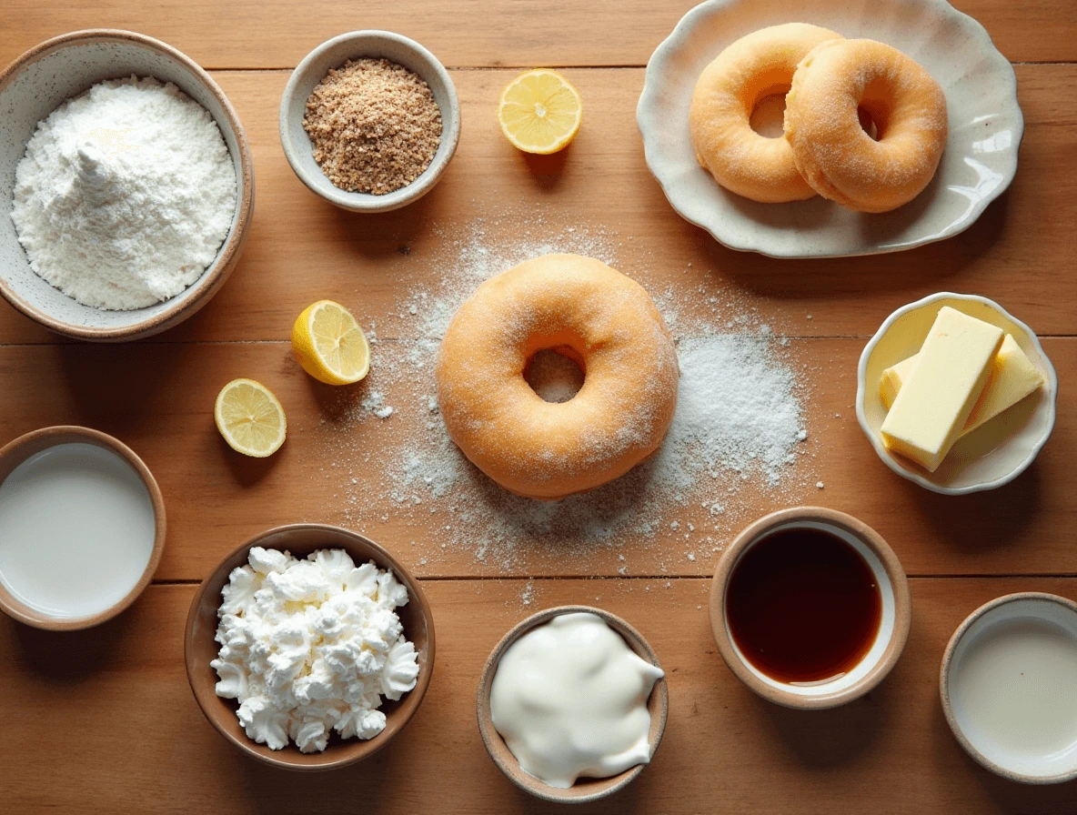 How to Make the Perfect Long John Donut at Home (Easy Recipe!) 2 A neatly arranged assortment of ingredients for making Long John donuts, including flour, sugar, yeast, eggs, butter, milk, chocolate glaze, and custard filling.
