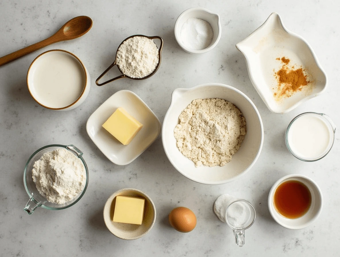 Sourdough Discard Pancakes: 3 Reasons You’ll Love This Recipe 2 A flat lay of key ingredients for sourdough discard pancakes, including sourdough starter discard, flour, eggs, milk, butter, baking powder, and maple syrup on a wooden surface.