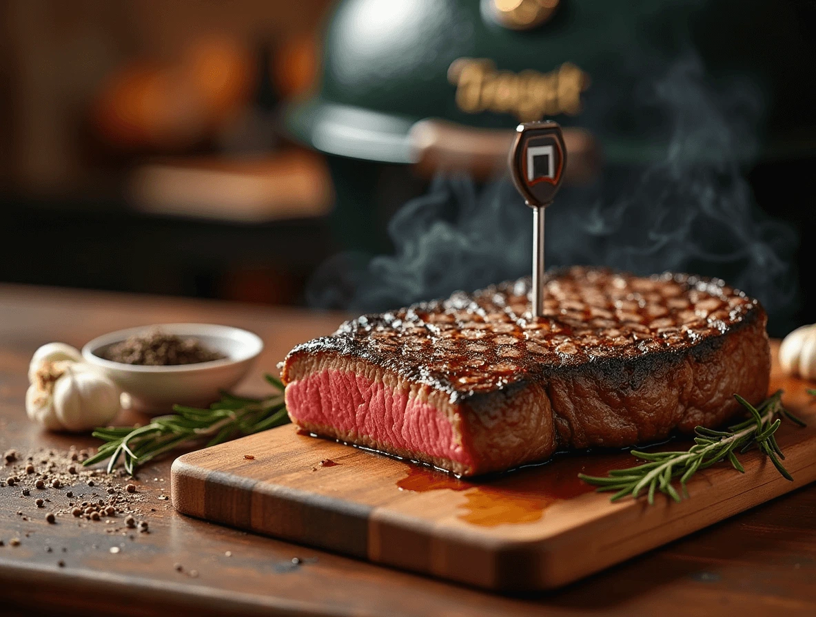 Traeger Recipes Steak: 4 Pro Tips for Tender Meat 3 A Traeger grill with a perfectly seared steak, a meat thermometer inserted, and wood pellets nearby, showcasing ideal temperature and smoking techniques.