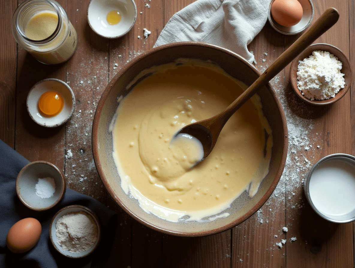 Sourdough Discard Pancakes: 3 Reasons You’ll Love This Recipe 3 A bowl of pancake batter being mixed with a whisk, combining sourdough discard, flour, eggs, milk, and baking powder for a smooth, lump-free consistency.